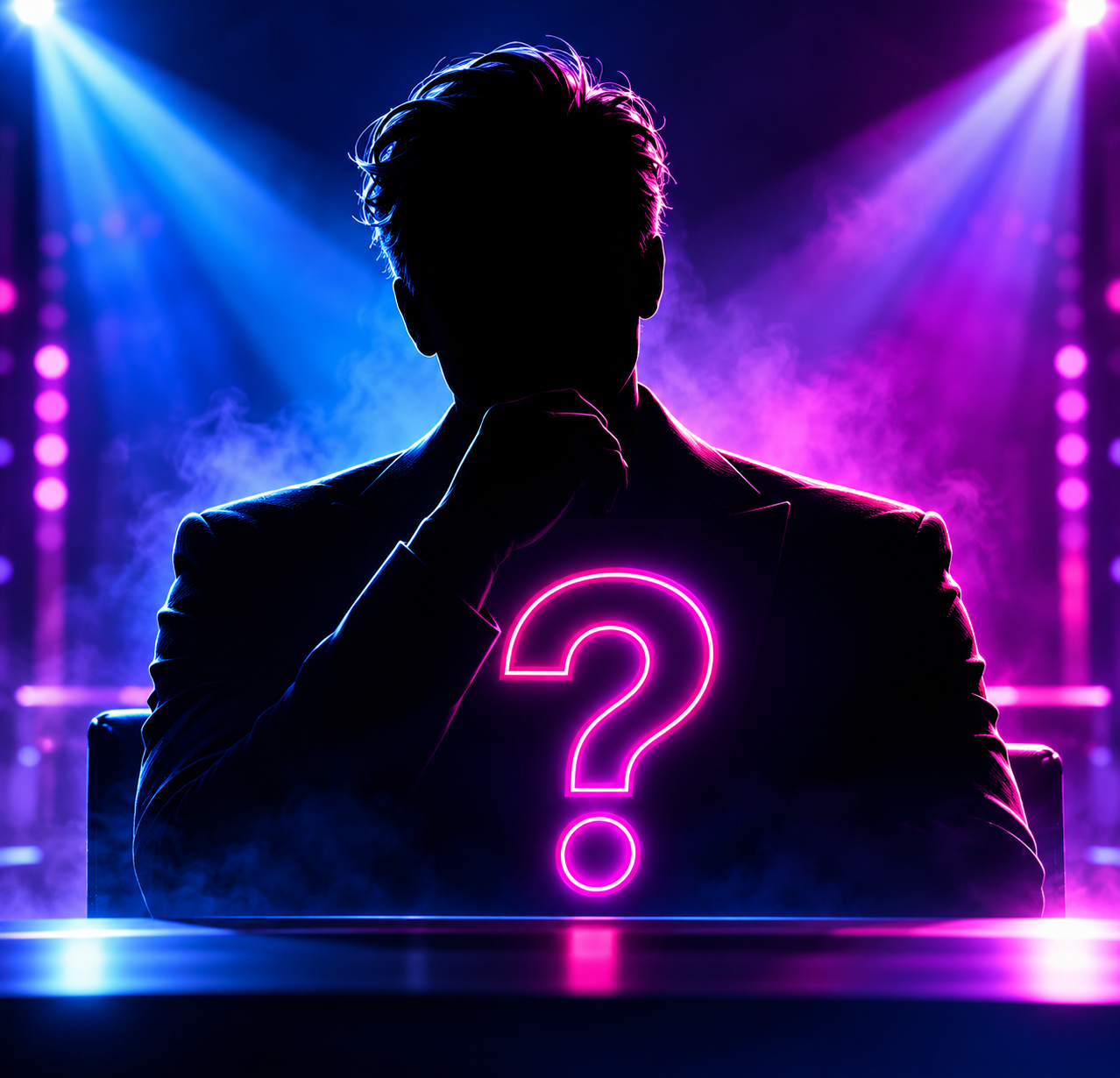 Mystery guest judge — silhouette with neon question mark